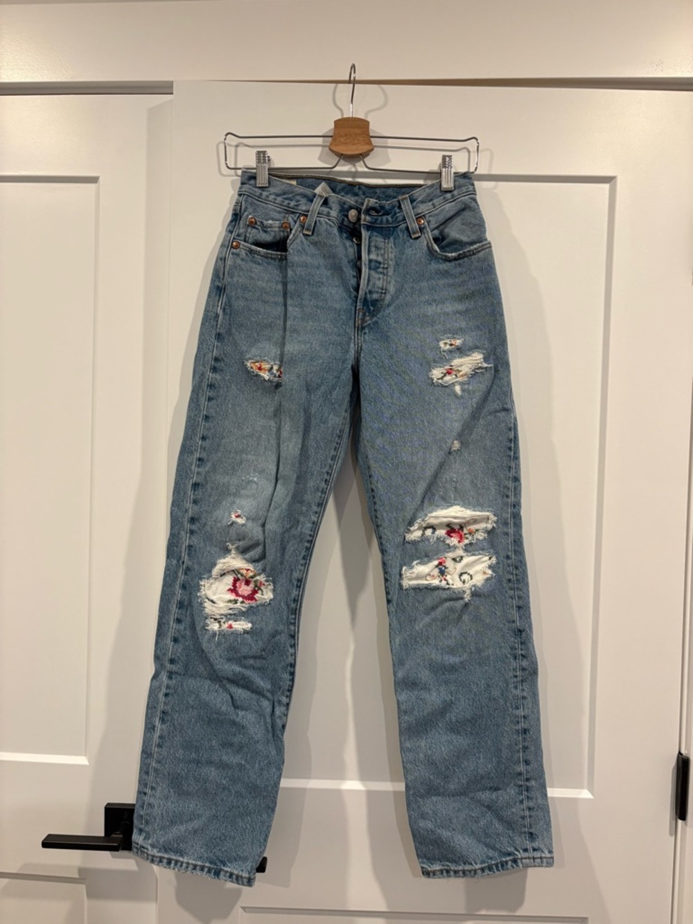 25x30 Light Blue distressed Levi 501 with custom Floral Patch